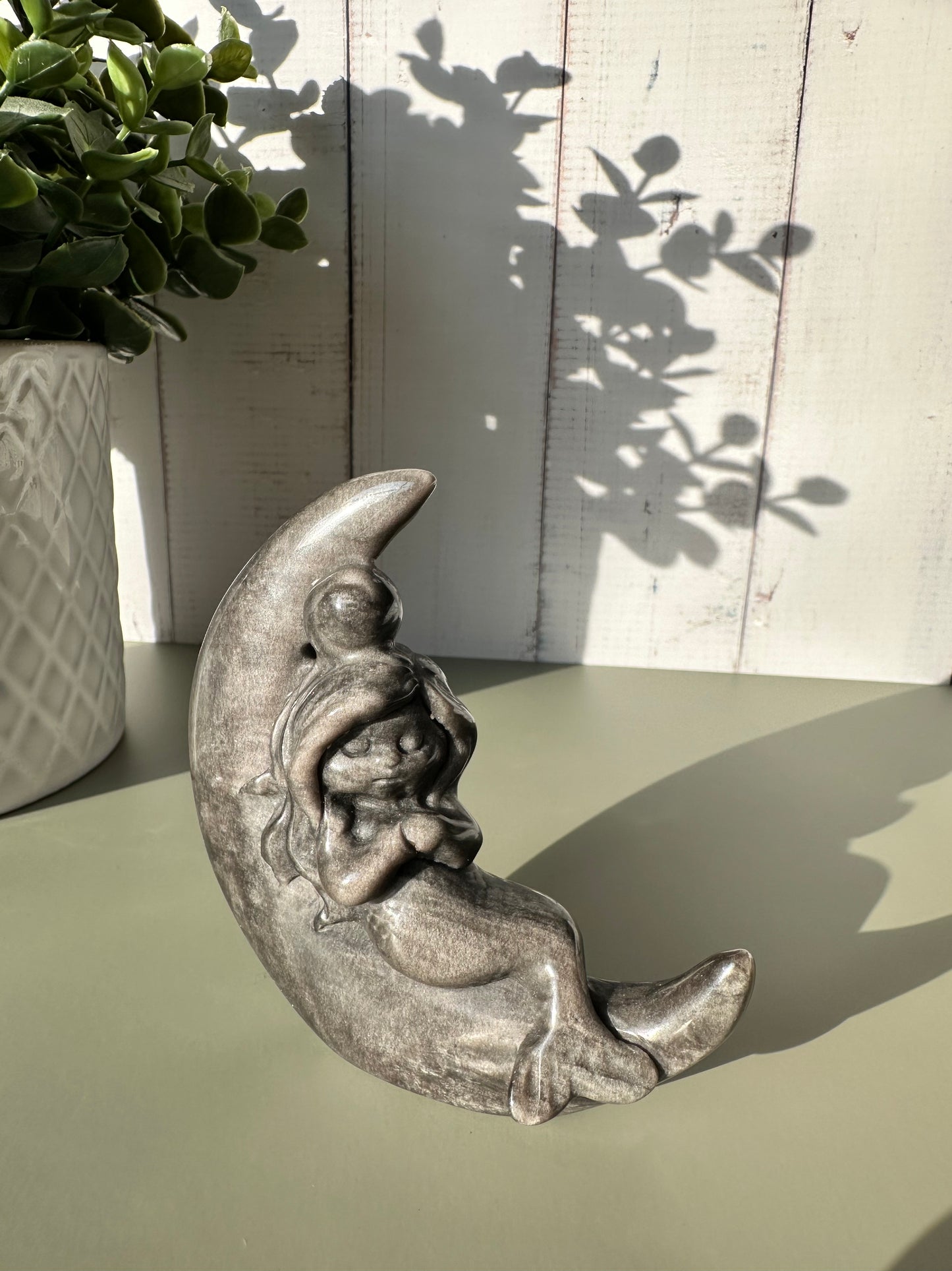 Silver Sheen Obsidian Moon Mermaid Carving