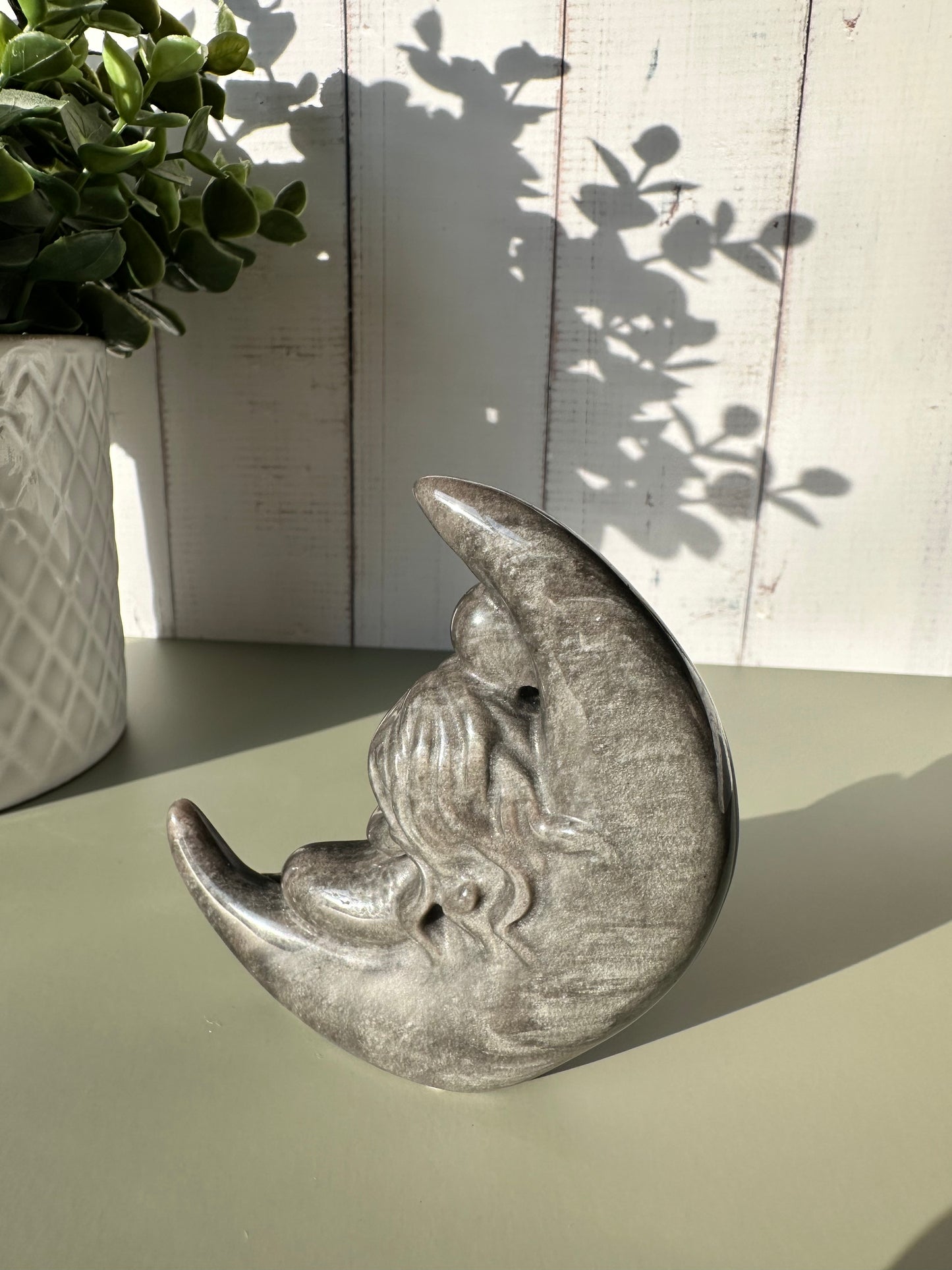 Silver Sheen Obsidian Moon Mermaid Carving